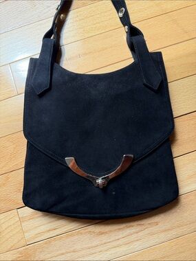 Vintage Classic Black Suede Shoulder Bag with Silver Clasp Accent